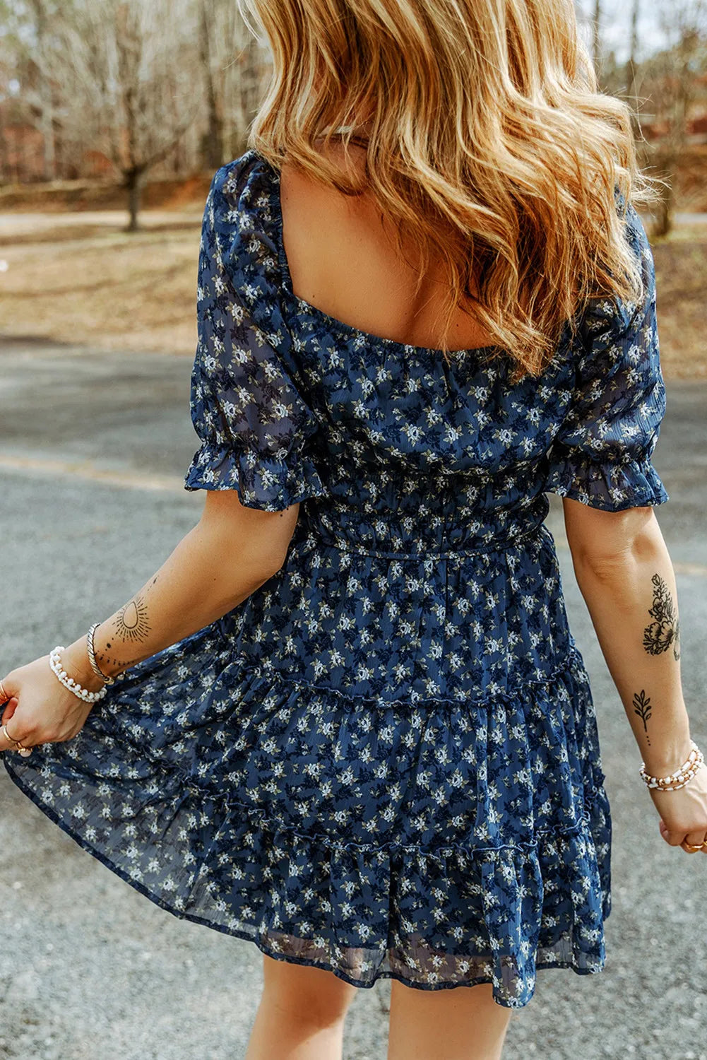 Blue Floral Smocked Tiered Ruffle Short Dress