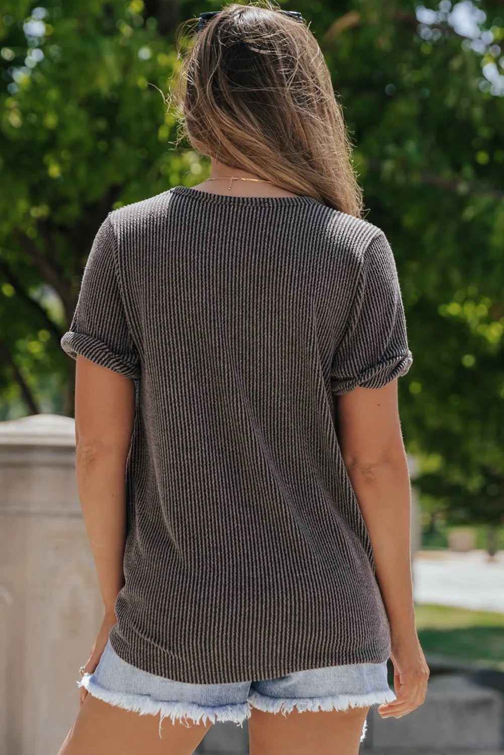 Twist Short Sleeve Corded V Neck Top