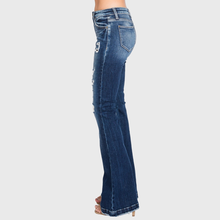 DESTROYED MID RISE STRETCH FLARE W/ PATCH WORK