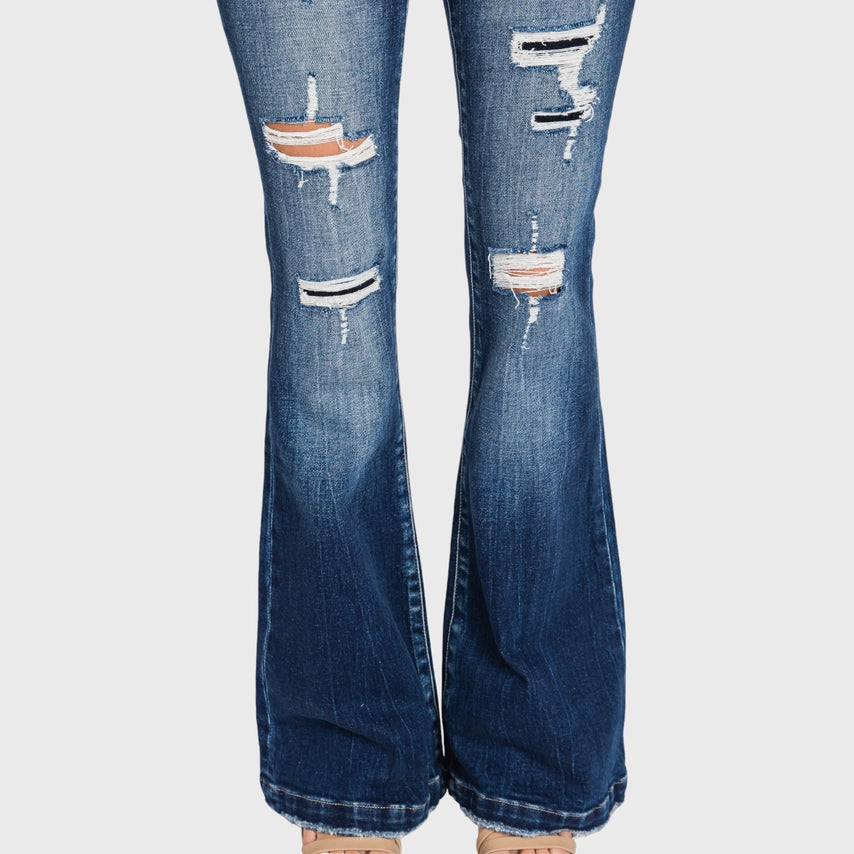 DESTROYED MID RISE STRETCH FLARE W/ PATCH WORK