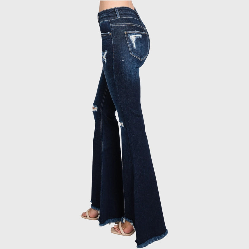 DISTRESSED HIGH RISE STRETCH SUPER FLARE WITH DOUBLE BUTTON