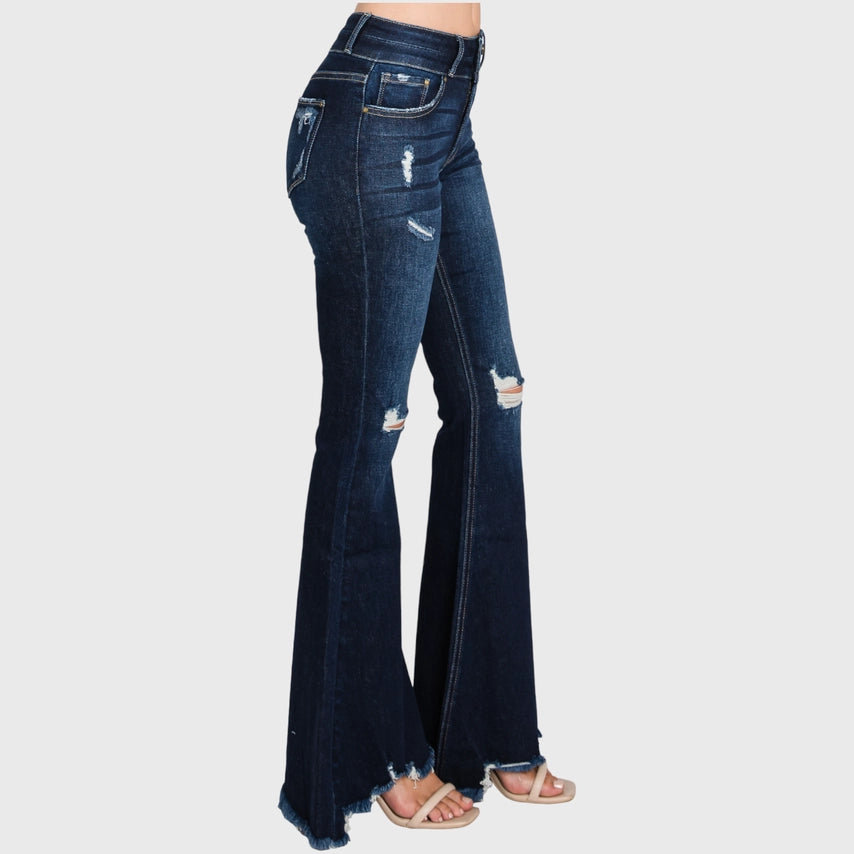 DISTRESSED HIGH RISE STRETCH SUPER FLARE WITH DOUBLE BUTTON