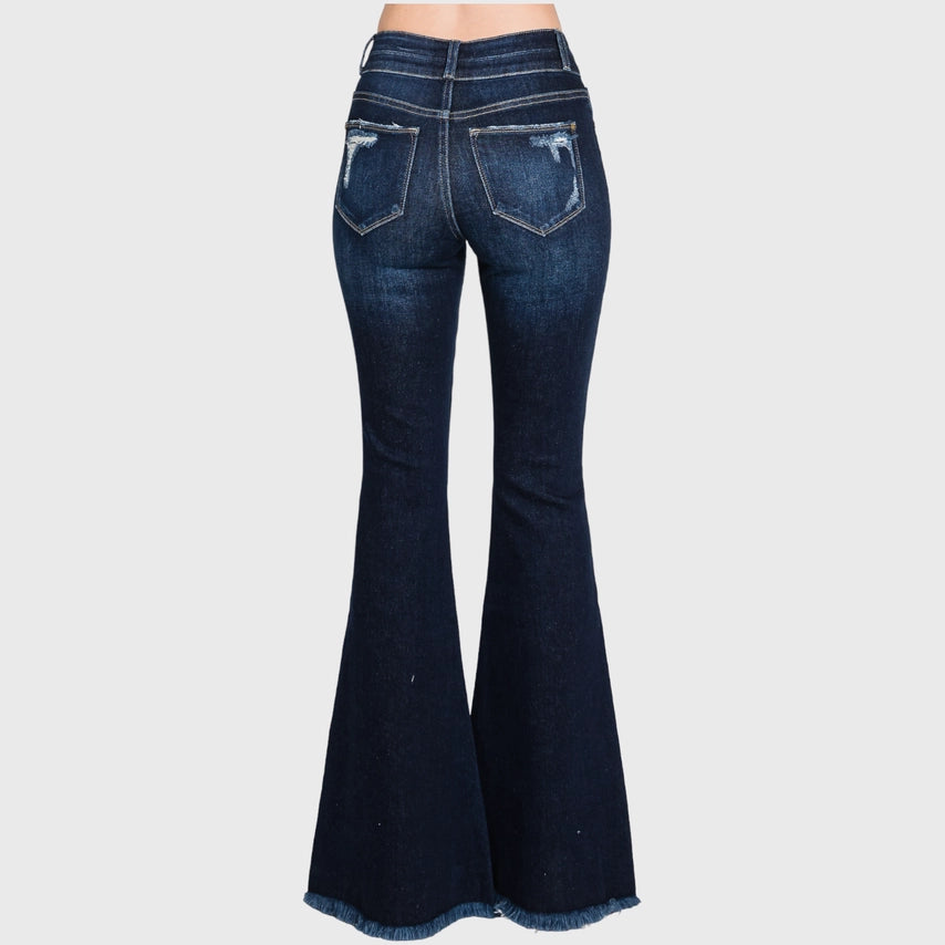 DISTRESSED HIGH RISE STRETCH SUPER FLARE WITH DOUBLE BUTTON