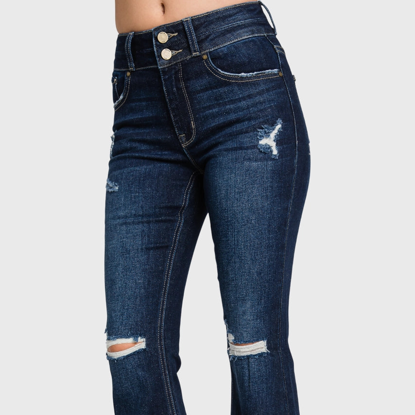DISTRESSED HIGH RISE STRETCH SUPER FLARE WITH DOUBLE BUTTON