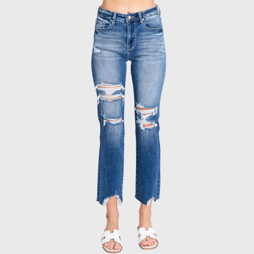 DESTROYED HIGH RISE STRETCH SLIM STRAIGHT JEANS