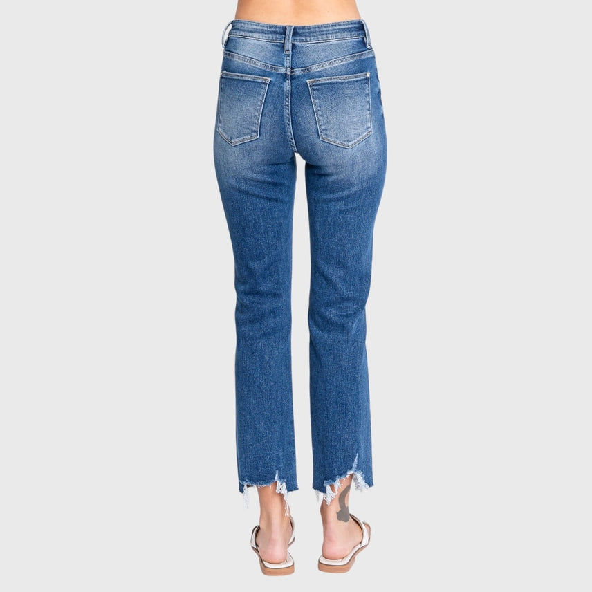 DESTROYED HIGH RISE STRETCH SLIM STRAIGHT JEANS