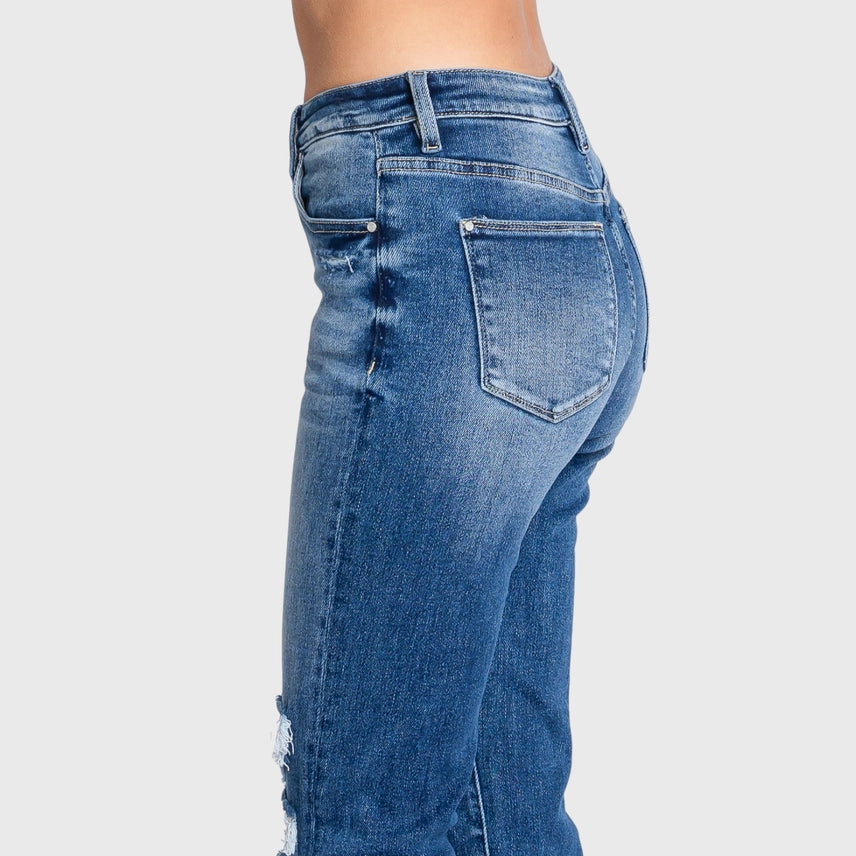 DESTROYED HIGH RISE STRETCH SLIM STRAIGHT JEANS