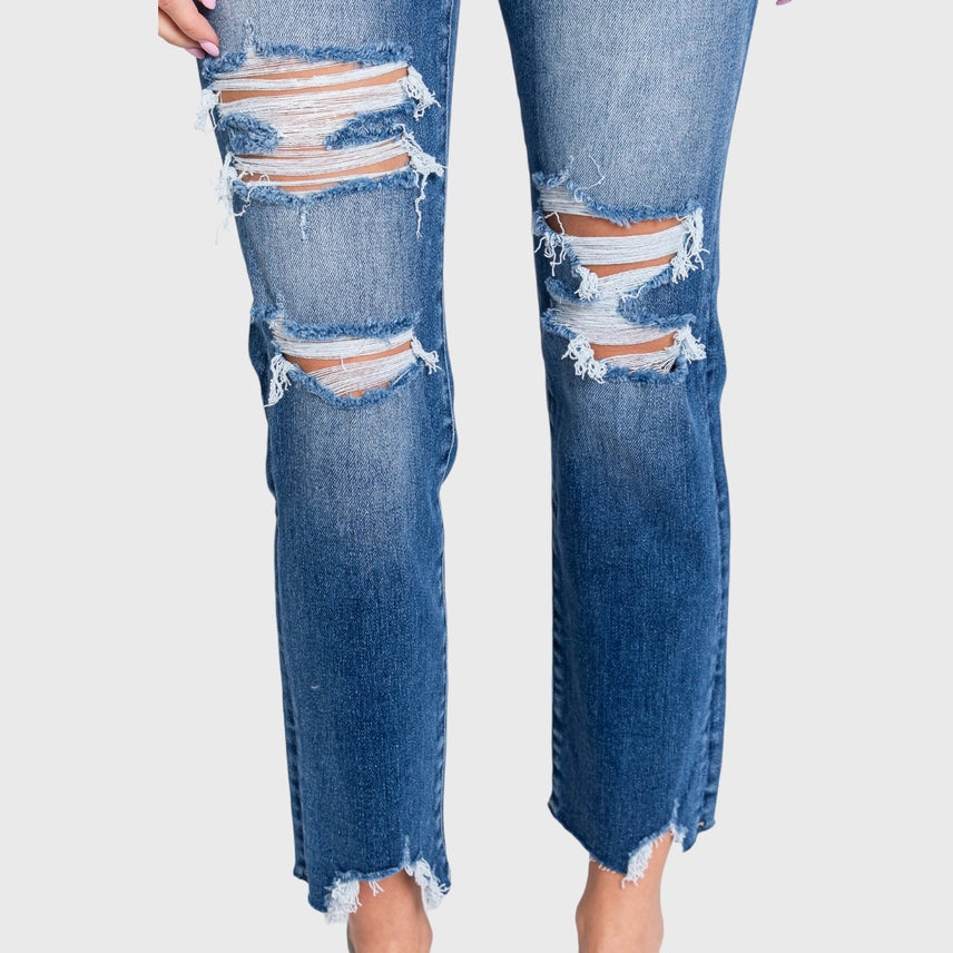 DESTROYED HIGH RISE STRETCH SLIM STRAIGHT JEANS