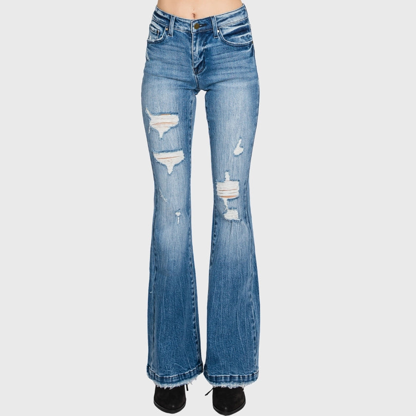 DISTRESSED MID RISE STRETCH FLARE LIGHT WASH