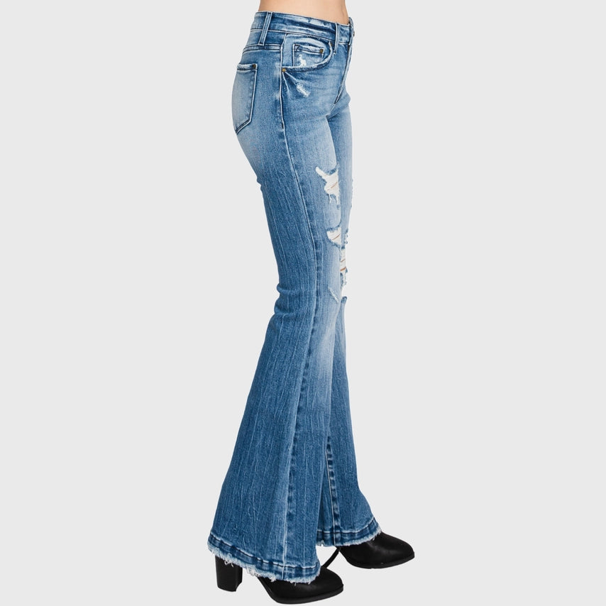 DISTRESSED MID RISE STRETCH FLARE LIGHT WASH