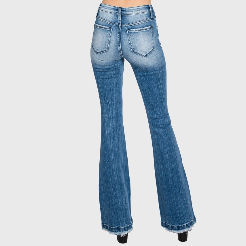 DISTRESSED MID RISE STRETCH FLARE LIGHT WASH
