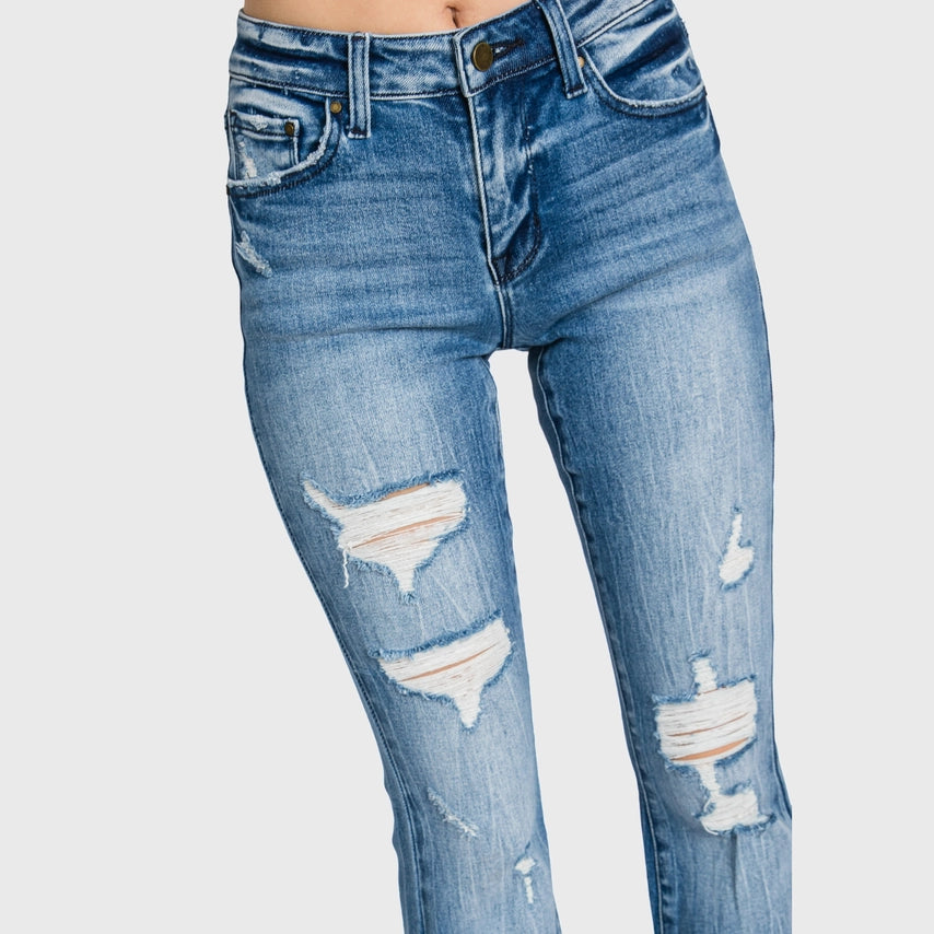 DISTRESSED MID RISE STRETCH FLARE LIGHT WASH