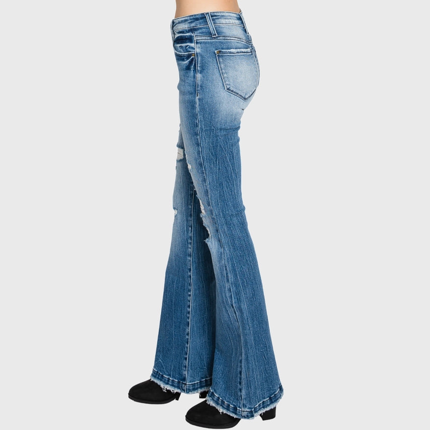 DISTRESSED MID RISE STRETCH FLARE LIGHT WASH