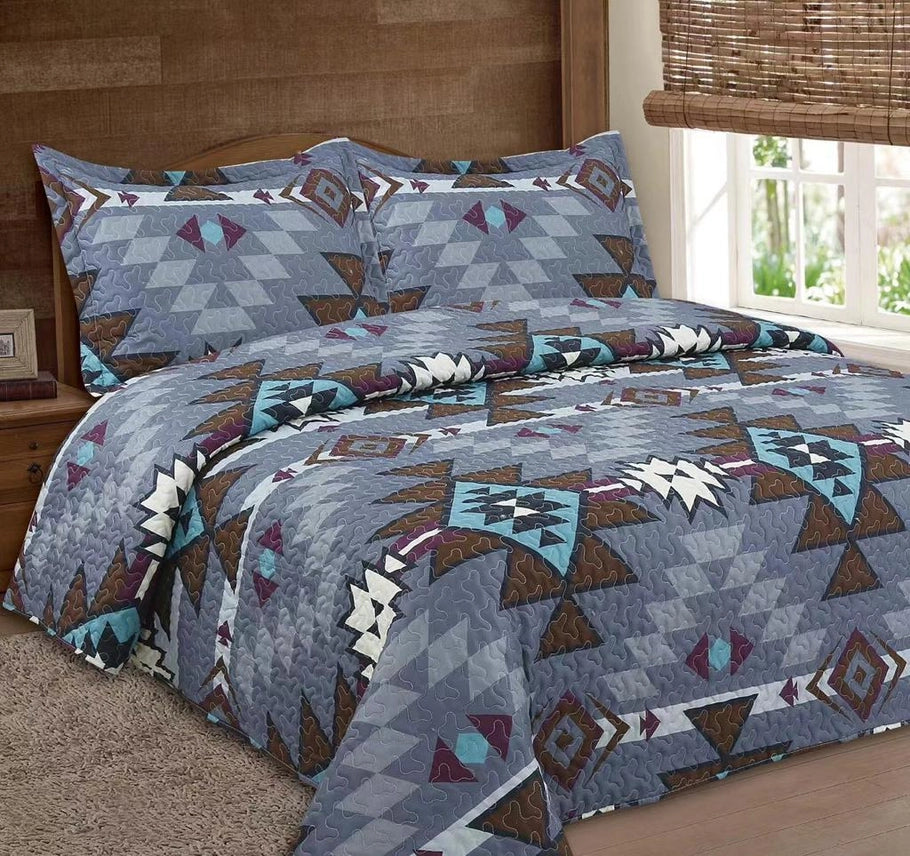 Grey Navajo 3pc Bedspread Quilt