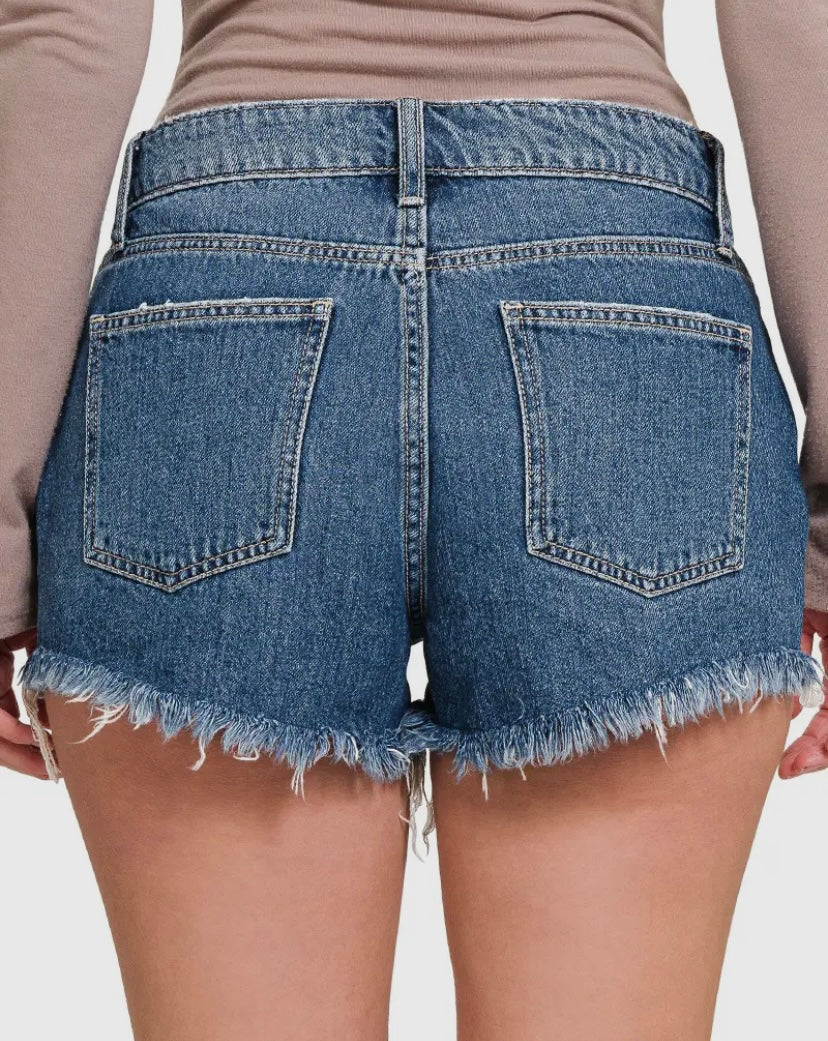 Zenana Low Rise Distressed Cut Denim Shorts