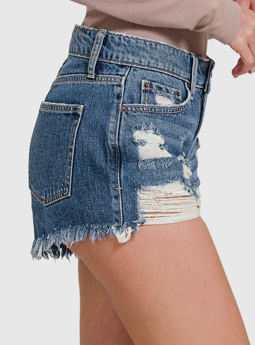 Zenana Low Rise Distressed Cut Denim Shorts