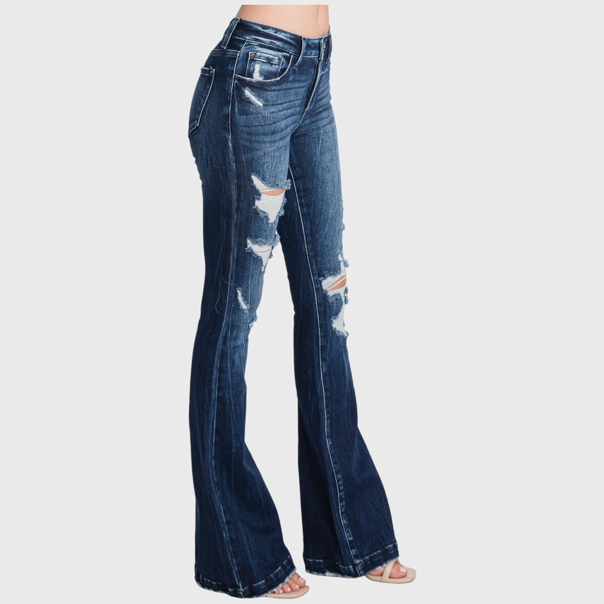 DISTRESSED MID RISE STRETCH FLARE JEANS