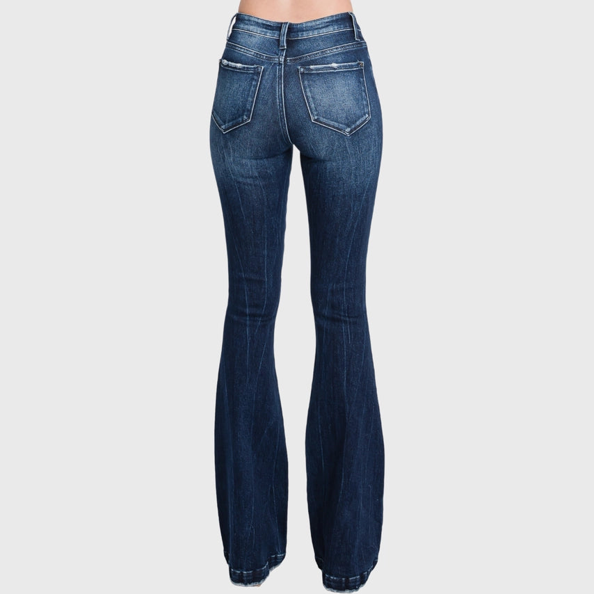 DISTRESSED MID RISE STRETCH FLARE JEANS