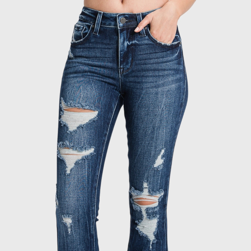 DISTRESSED MID RISE STRETCH FLARE JEANS