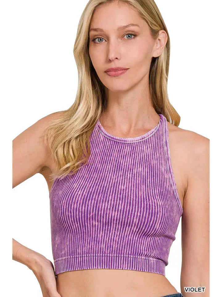 Violet Washed Ribbed Seamless Racerback Crop Top