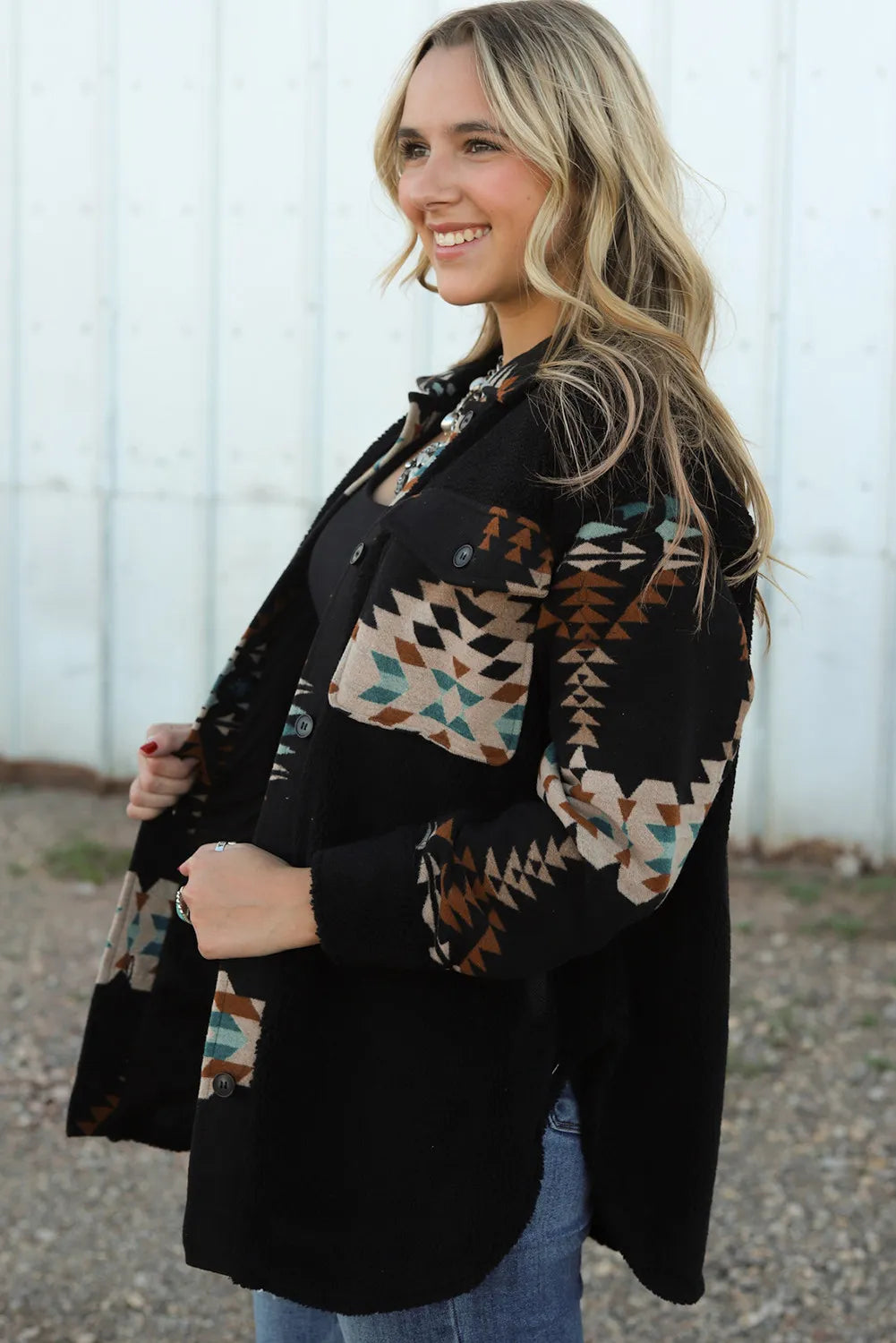 Black Aztec Sherpa Button Up Shacket
