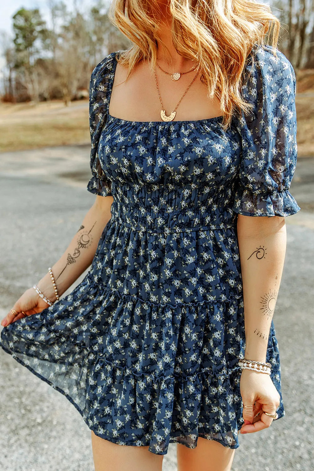 Blue Floral Smocked Tiered Ruffle Short Dress