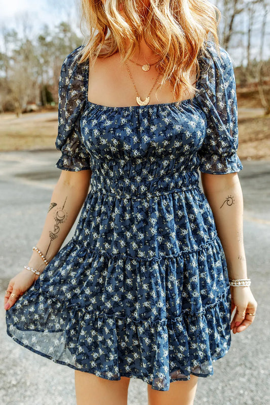 Blue Floral Smocked Tiered Ruffle Short Dress