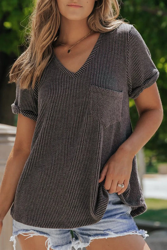 Twist Short Sleeve Corded V Neck Top