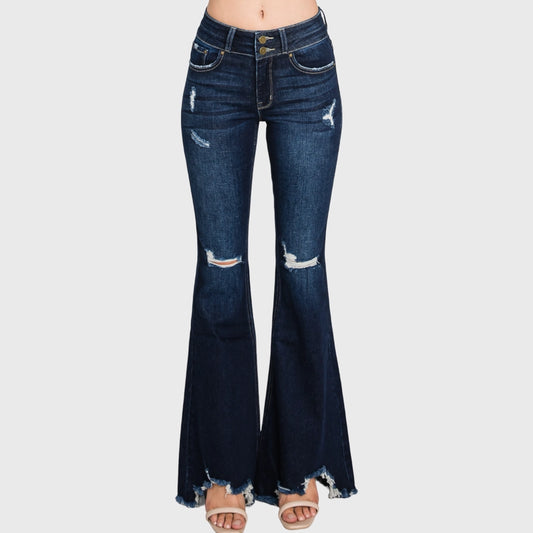 DISTRESSED HIGH RISE STRETCH SUPER FLARE WITH DOUBLE BUTTON