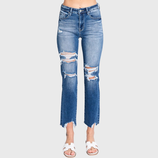 DESTROYED HIGH RISE STRETCH SLIM STRAIGHT JEANS