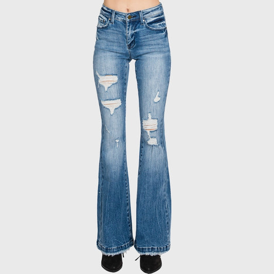 DISTRESSED MID RISE STRETCH FLARE LIGHT WASH