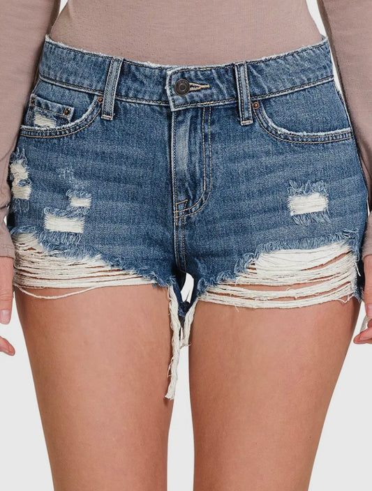 Zenana Low Rise Distressed Cut Denim Shorts