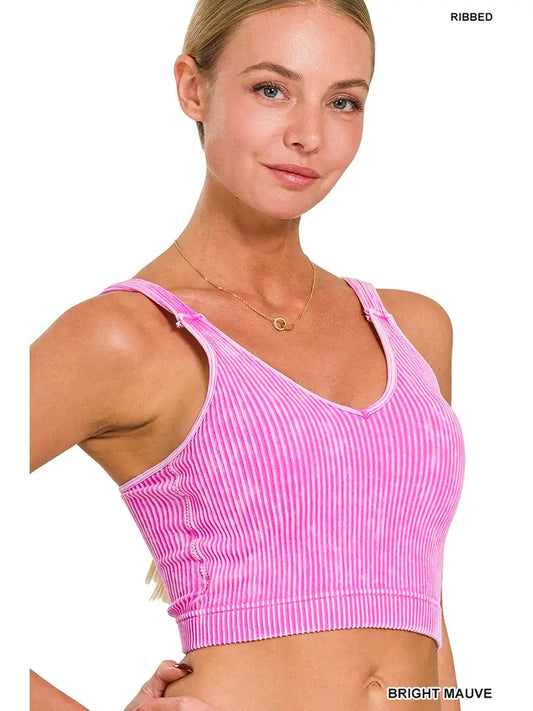 Pink Washed Ribbed Cropped Bra Padded Tank Top