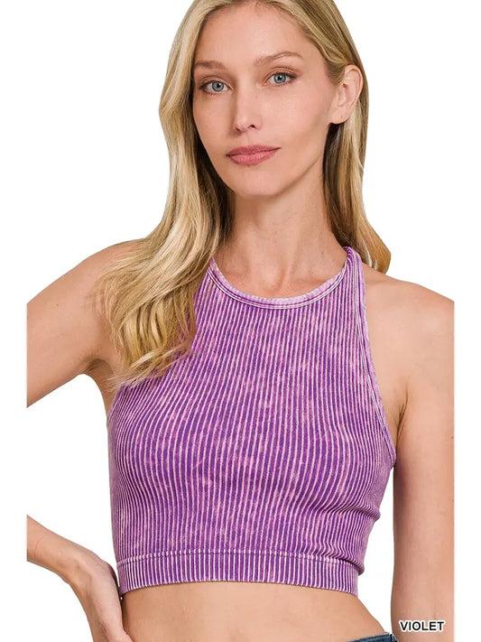 Violet Washed Ribbed Seamless Racerback Crop Top