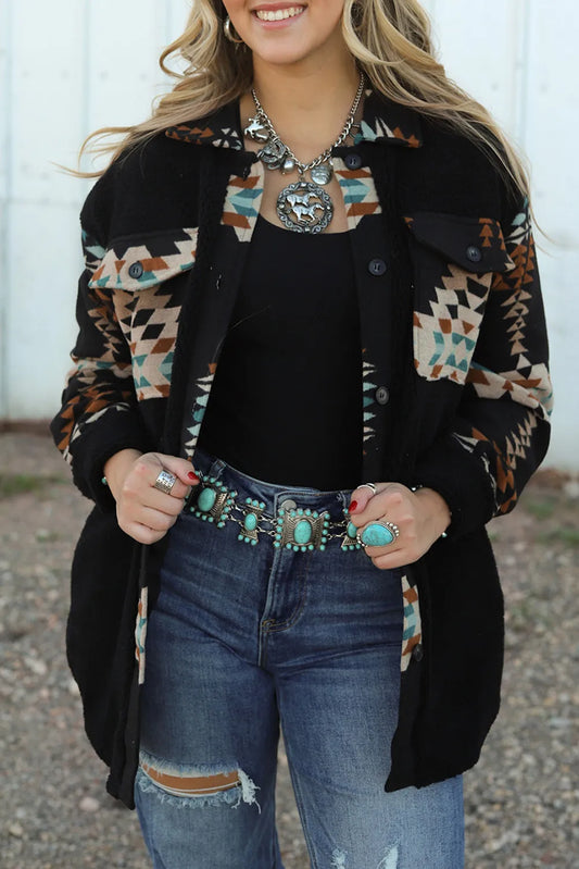 Black Aztec Sherpa Button Up Shacket