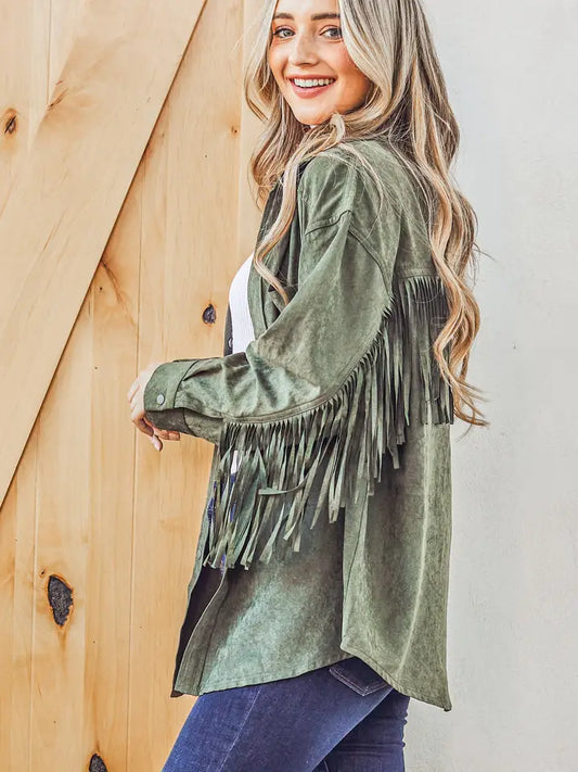 Olive Green Fringe Shacket