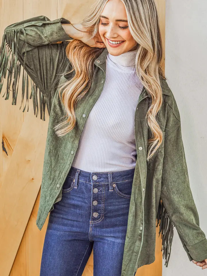 Olive Green Fringe Shacket